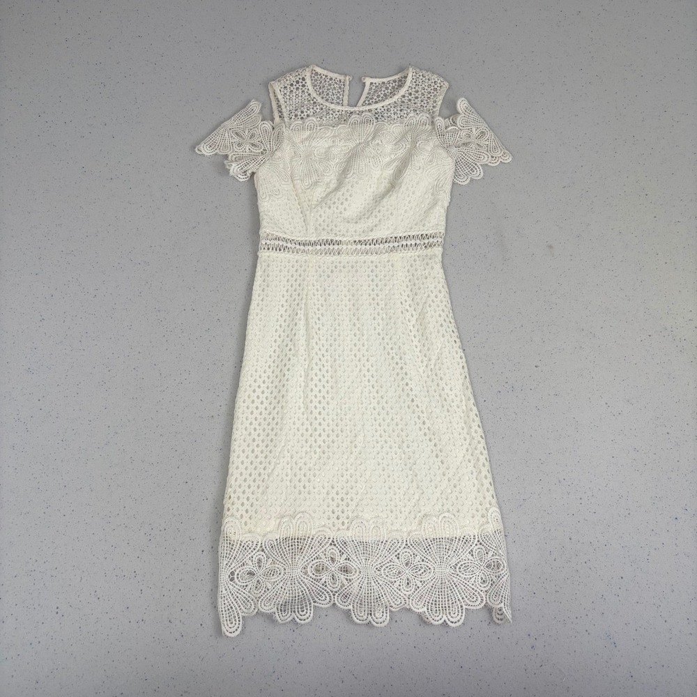 Lace Dress White Crochet Cold Shoulder‎ Sheath Midi Scallop Hem NWT Small